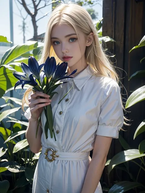 White blonde girl has a dark blue lily in her hand and she is gorgeous 