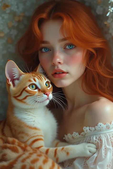 The cat may be less orange, whiter, Cat's blue eye. Women with medium wavy and red hair