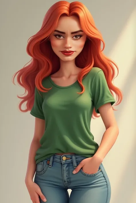 Girl with long red hair ,dressed in a green t-shirt and jeans , Winking with my eye 