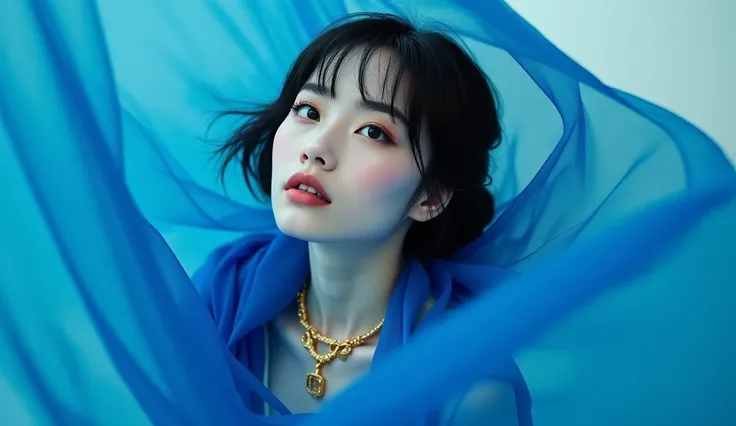 Capture an ethereal high-fashion photograph featuring a model with porcelain-like skin and raven-black hair, adorned in luxurious gold jewelry and draped in flowing, cobalt-blue fabrics that evoke a sense of surrealism. The artwork should exude a sense of ...