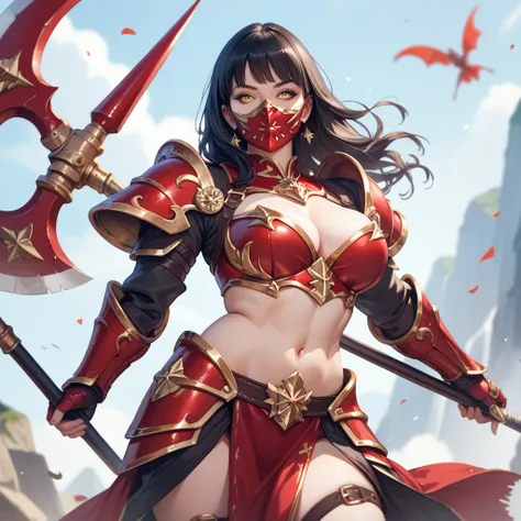 realistic high resolution masterpiece detailed A woman with pale white skin, curvy figure, two yellow eyes, black hair, big breasts, wearing spiky red armor with gold trim, and holding a battle axe, 50/50 mask,