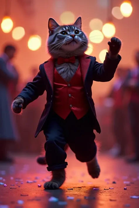 Un chat élégant, portant un costume noir bien ajusté avec une cravate rouge, debout sur ses pattes arrière. Il danse avec grâce sur une piste de danse lumineuse, une patte levée en l'air comme s'il faisait un mouvement de salsa. L'ambiance est festive, ave...