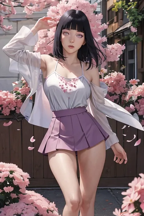 masterpiece, absurdres, hinata\(boruto\), 1girl, solo,mature female, spaghetti strap top, high waist mini skirt, looking at viewer, (falling petals), perfect composition, detailed lips, big breast, beautiful face, body propotion, blush, (pink lips), long h...