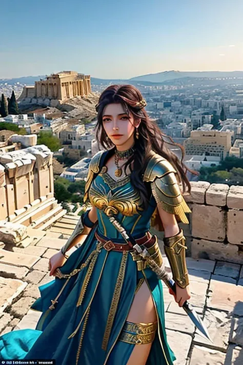  Generate an image of Kassandra standing triumphant atop the battlements of the Acropolis in Athens, her dual-wielded daggers raised in victory as she surveys the city below, her legendary status as a fierce warrior and seductive temptress cemented for all...