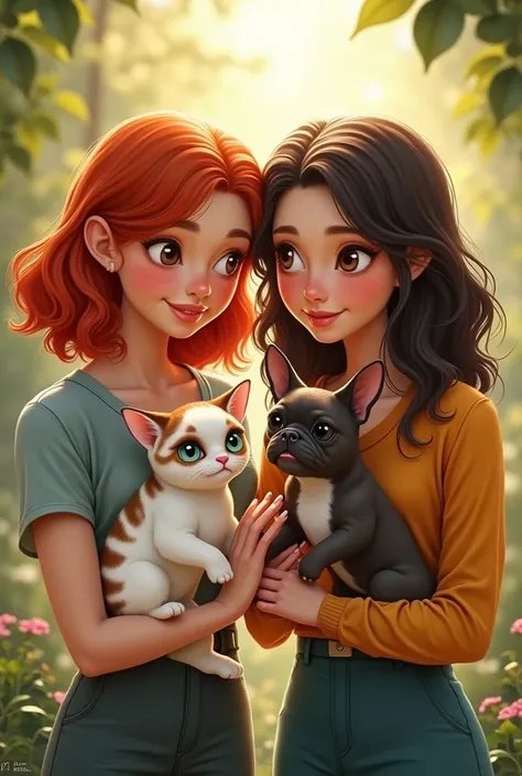  I want a red-haired woman with medium hair holding a white cat with brown stripes, Next to a girl with wavy hair holding a French bulldog  