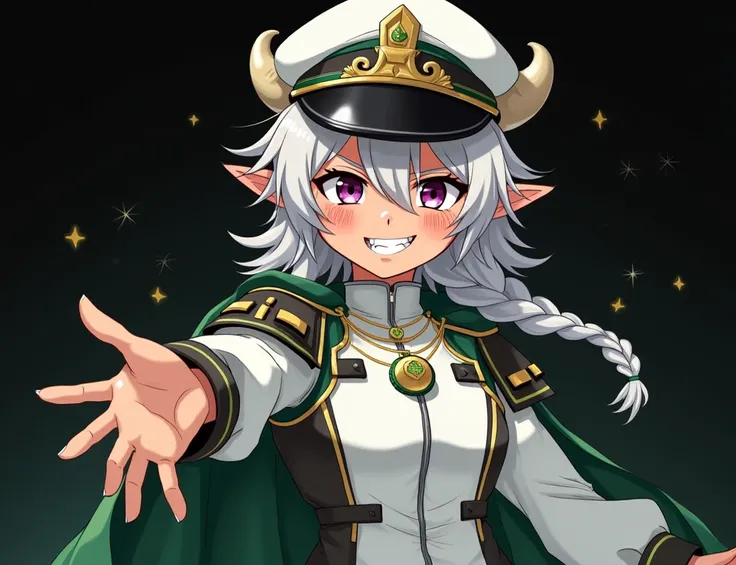 masterpiece, best quality,  anime:1.5,solo,  dark background,  black_pupils, 
pointy ears, tiefling, silver hair, ivory sheep horn, outstretched hand, skinny, pheromone ,
red whisker_markings:1.7, silver long wavy hair, bell necklace, short pointy ears, sh...