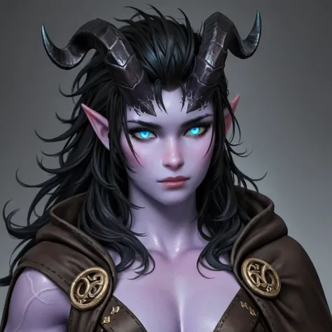 Tiefling male with light purple skin, blue eyes, black horns, long messy black hair, solo. mage clothes.