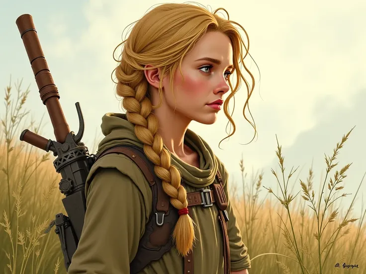 Hair: Honey blonde, braided to keep it out of the way while working

Eyes: Golden brown, warm and serene

Skin: Slightly tanned, with a small scar from gathering herbs

Clothing: Simple dress made from old rags, often paired with a long coat to protect fro...