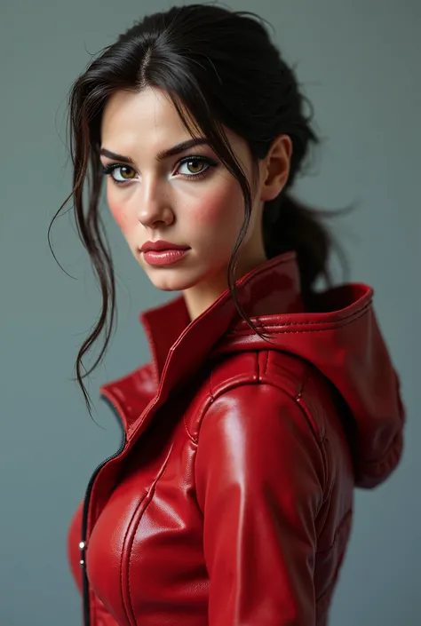 LARA CROFT, ( better quality , ultra-detailed , realistic :1.37),  beautiful detailed face, perfect symmetry,perfectly sculpted body ,Perfect makeup, vivid colors , studio lighting , looking back, sexy , Full Body , wearing a rain and a warm red Snow Parke...