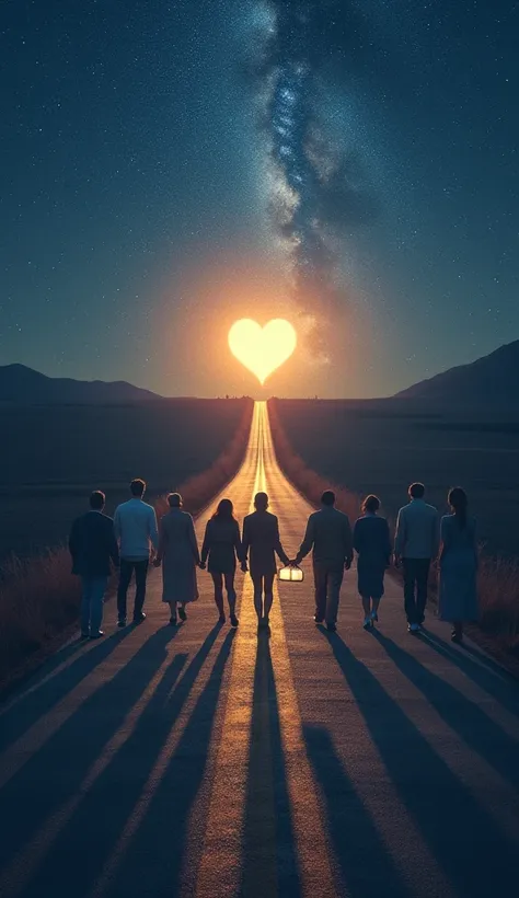 "Create a symbolic and inspiring image that represents the question 'What is the meaning of life?'. Show an endless road under a starry sky, with different people walking together, each carrying a unique light (such as a lantern, candle, or star). On the h...