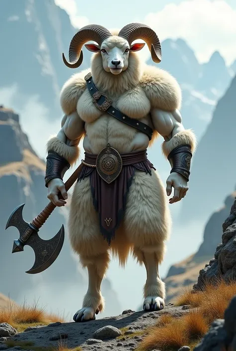  A humanoid sheep The body 
 * form: Humanoide,  with muscular torso and strong arms , Like a warrior . Lamb legs,  with hooves and characteristic fur .
 * size: gigante, imposing,  that transmits power and respect .
 * coat:  Thick and long wool ,  of whi...