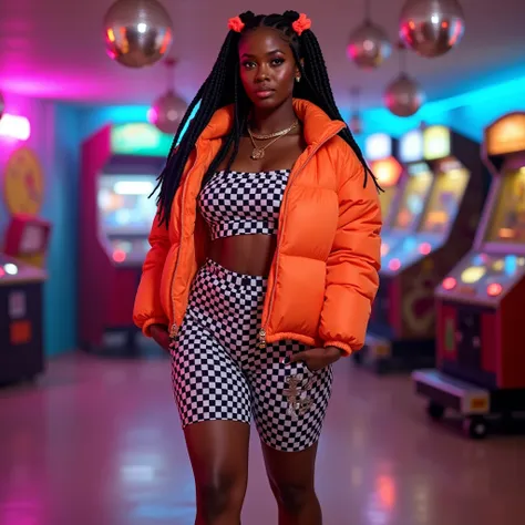 A curvaceous Black woman in a checkerboard tube top and bike shorts set, the black-and-white stretchy fabric hugging her curves seamlessly. She layers a cropped neon-orange puffer jacket and pairs it with chunky white sneakers, her hair in long box braids ...