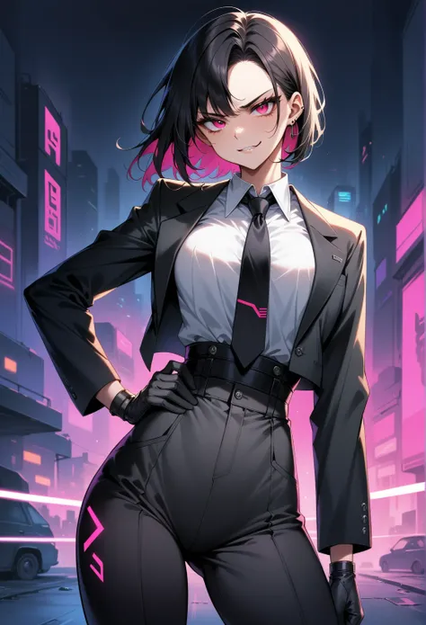 masterpiece, high quality, cyberpunk,teenage, ,dokibird (vtuber), high waist black suit pants, collared shirt, white shirt,black tie,black gloves, hand on own hip, serious,smirk, ,dokibrd