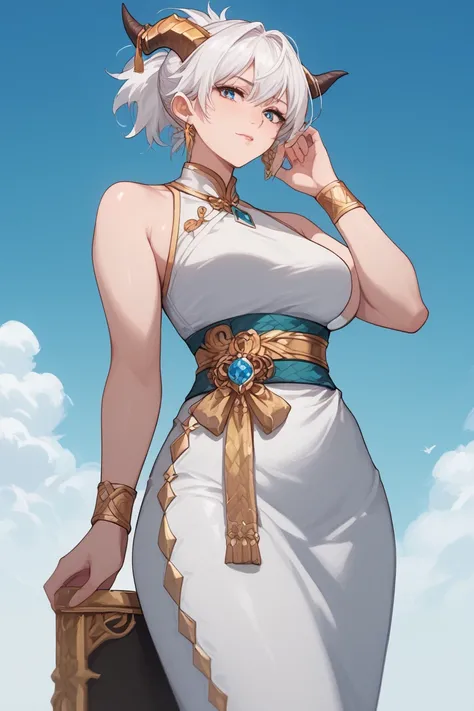 Mature Woman, fair skin, blue eyes, white hair, short hair,Ponytail , anime style, White dress, gold sash, gold wristband, black wide pants,,Horns, dragon scales 