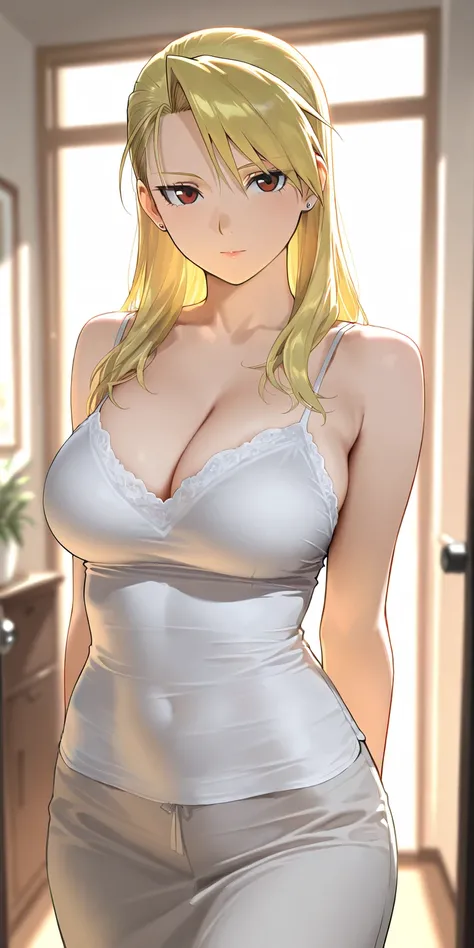 Masterpiece, elegant mature woman, riza hawkeye, long hair, tall body, camisole, upper body, dynamic lighting, ultra detailed, highres, absurdres, home,  fullmetal alchemist style, stunning visual cg, looking at viewer, full body view