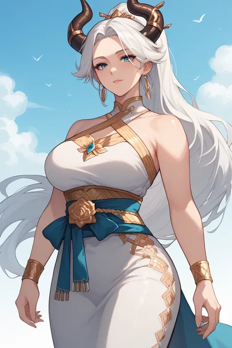 Mature Woman, fair skin, blue eyes, white hair, long hair,Ponytail , anime style, White dress, gold sash, gold wristband, black wide pants,,Horns, dragon scales 