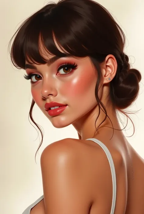  " A highly detailed digital illustration of a beautiful young woman , with fair skin,  slightly drawn eyes and a stylish fringe .  She has a stunning body , well defined,  with graceful curves and toned appearance . His expression is confident and endeari...