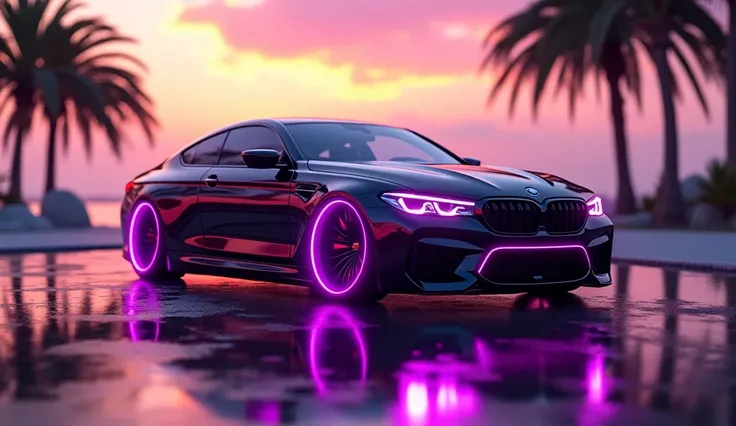 2025 BMW m5 sports car with purple neon wheels:1.2, low rider, neon lights, sunset, reflective puddles, scifi, concept car, sideview, tropical background, 35mm photograph, film, bokeh, professional, 4k, highly detailed