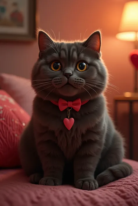 A fat dark brown British Shorthair breed cat, For Valentine's Day  