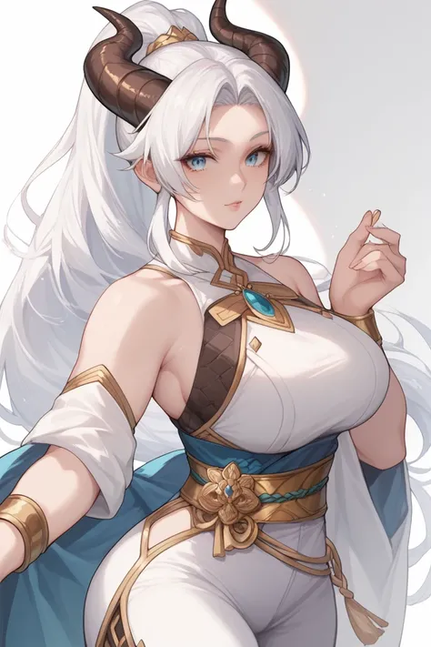 Mature Woman, fair skin, blue eyes, white hair, long hair,Ponytail , anime style, White dress, gold sash, gold wristband, black wide pants,,Horns, dragon scales 