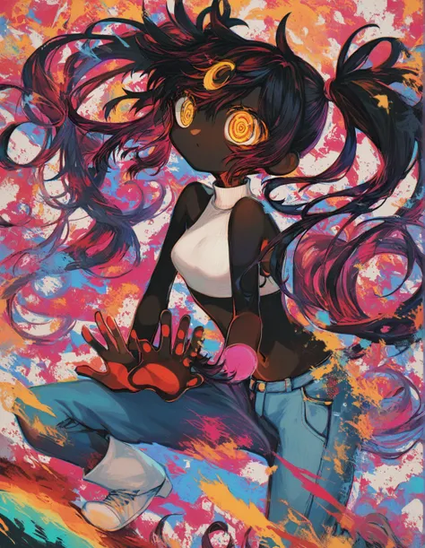 (masterpiece, best quality:1.2), 1 girl, unique, turtleneck woolen sleeveless top, navel, tight jeans, take a step forward, long twintails, glistening swirly golden eyes, f3nn3r, colourful, pink, blue, black, red, trippy, psychotic, psychedelic, losing my ...