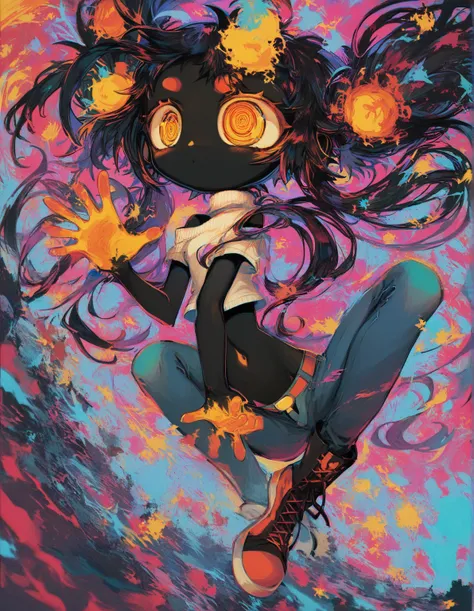 (masterpiece, best quality:1.2), 1 girl, unique, turtleneck woolen sleeveless top, navel, tight jeans, take a step forward, long twintails, glistening swirly golden eyes, f3nn3r, colourful, pink, blue, black, red, trippy, psychotic, psychedelic, losing my ...