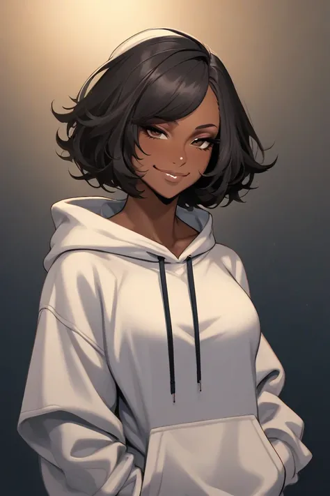 MILF, semi-realism woman, has a short man-ish haircut, she Is dark-skinned, tone body, wearing a baggy hoodie, Smirking, slightly muscular
