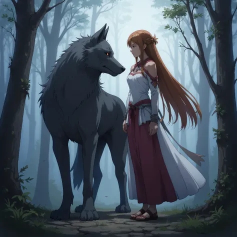 Asuna. Accompanied by a dark gray wolf. 
