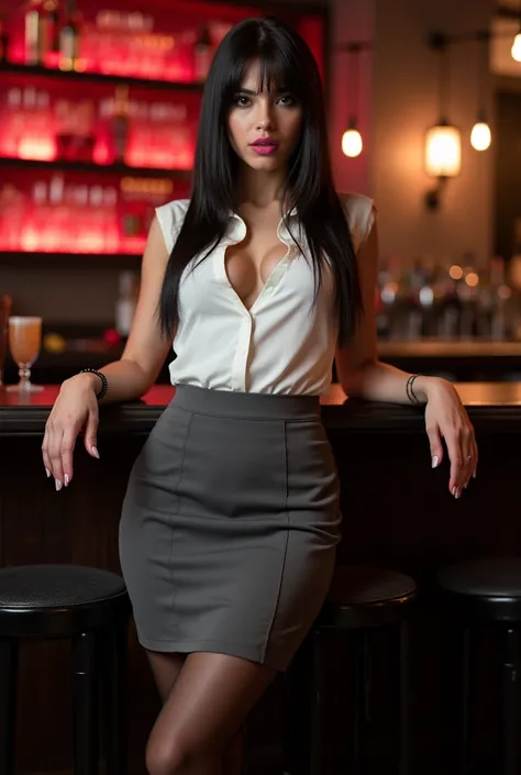 German woman, , Straight light Black hair,  Pink lipstick, makeup, medium breast and butt, white sleeveless shirt, Medium gray executive skirt, black pantyhose, high heels, detailed face, fullbody photo from front in a Bar, fullbody in photo