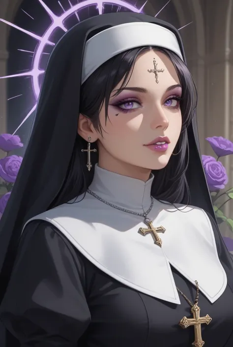  A Gothic-themed vertical anime-style portrait .  The character is in front , with long black hair,  wearing a nun-like veil decorated with lace details and purple flowers.  The background is mystical ,  with a glowing purple halo and luminous circular orn...