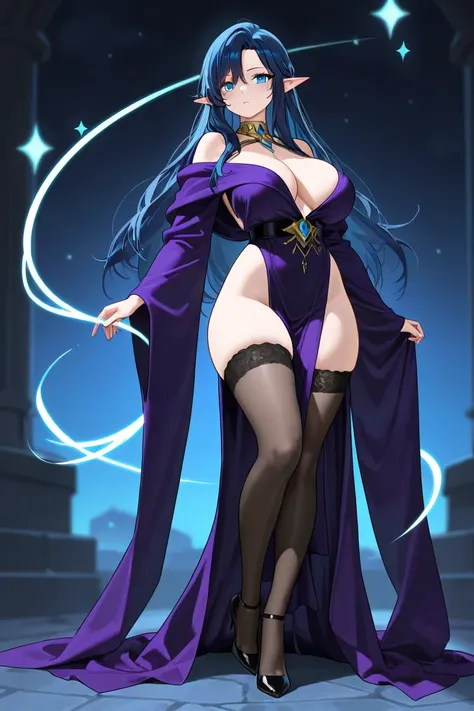 Woman with pointed elven ears, long flowing dark blue hair, azure eyes, and slender, curvy build. She is wearing expensive purple robes, black thigh high stockings and black high heels.