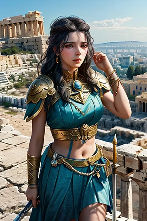  Generate an image of Kassandra standing triumphant atop the battlements of the Acropolis in Athens, her dual-wielded daggers raised in victory as she surveys the city below, her legendary status as a fierce warrior and seductive temptress cemented for all...