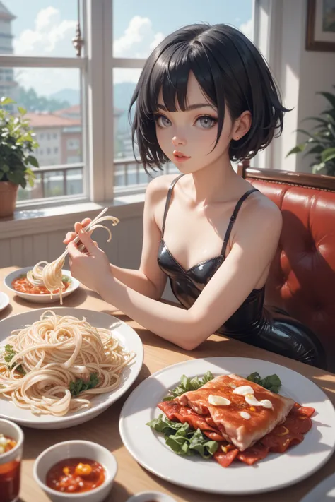 Girl ,  Black hair ,  short hair,  grey eyes,  small breasts ,  wide hips, tight-fitting suite, dinner, pasta
