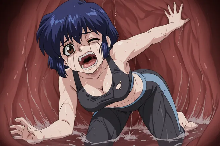 1girl, solo, (akane tendou, short hair, black hair, brown eyes, blue hair, sidelocks, medium breasts, anime screencap,
yoga pants, sports bra, cleavage sweat,),, obra maestra, mejor calidad, alta resolución, 8k,, inside a stomach, stomach interior, scared ...