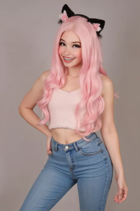 
belle delphine, petite body, wearing jeans and cute fur tank top, cat-ear headband, posing sexy, braces, best resolution, detailed, high detail, realistic, ultra realistic, 4k