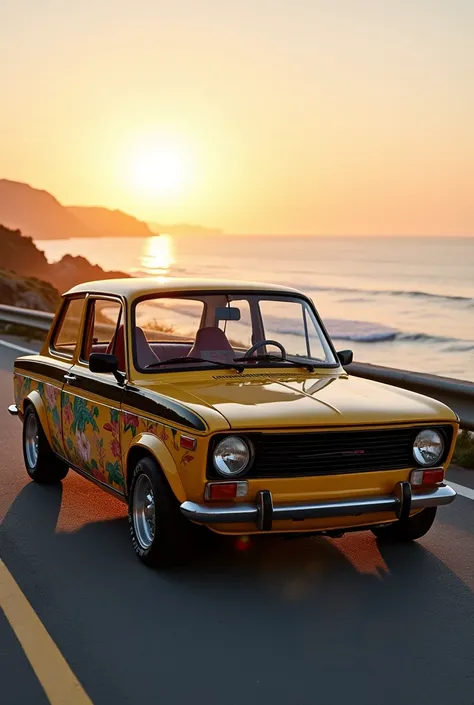  Generate a retro hatchback tuned in vision 3 / 4 on the front ,  positioned on a coastal road with the sea reflecting the lights of sunset .
 Description :  A classic reinvented for customization lovers . It has round headlights with black mask ,  wide fe...