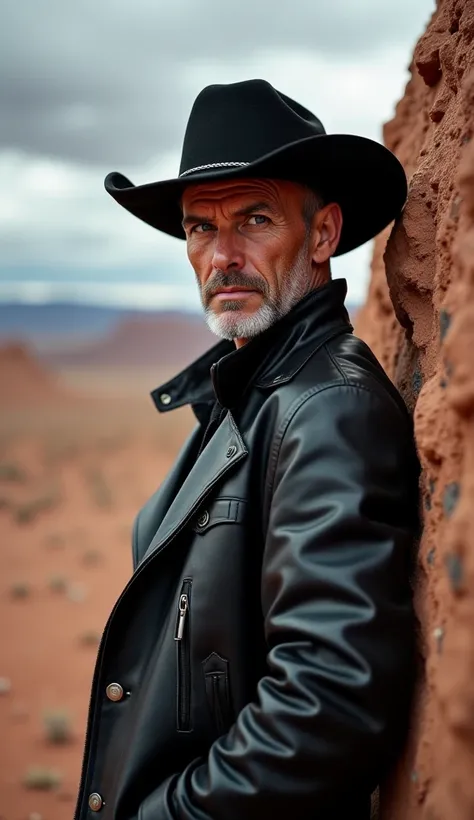 Atheism
An eye-level, intense close-up shot of a modern, skeptical cowboy leaning against a rugged rock formation. His sharp, questioning eyes and weathered face are captured in meticulous detail while he dons a sleek black leather jacket over minimalist a...