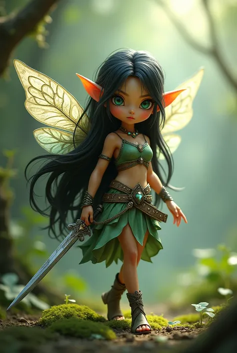 100 cm tall. troublemaking warrior fairy. long black hair. emerald green eyes. transparent butterfly with wings. With pointed ears. with sword in hand. tiny