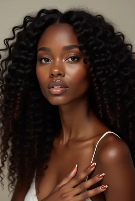  Female brunette , Long afro hair , Studio Nails  