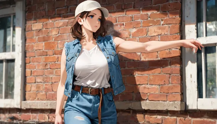 brown hair, medium hair, blue eyes, denim jacket, sleeveless jacket, brown belt, denim pants, solo, cap, mature female, brick wall, karate, masterpiece, best quality, amazing quality, detailed background, intricate details