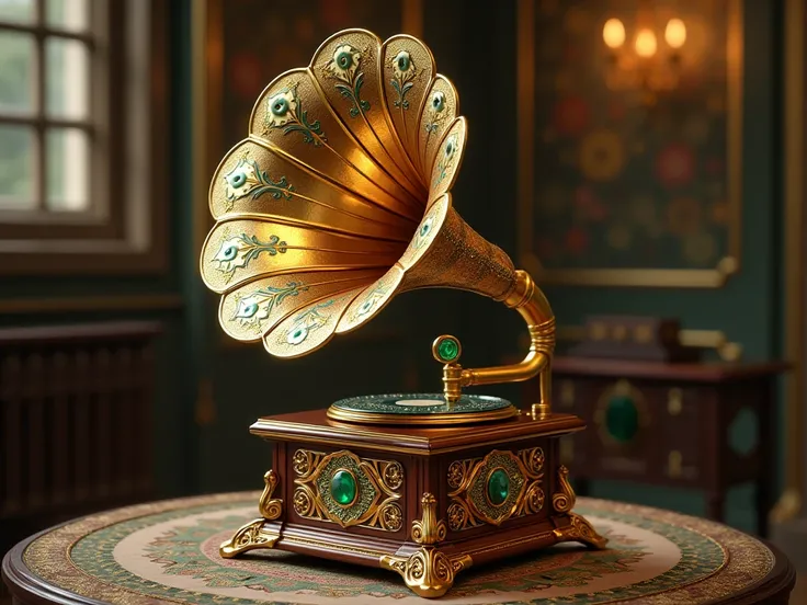 Design a unique gramophone that plays classical music with gems such as gold emeralds on it