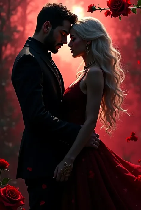 A dark romance book cover with a couple in silhouette, a wilted red rose, and a broken gold chain, set against a smoky black and crimson background, gothic and sensual. Make the woman have long white hair with a pure white wolf standing in between the coup...