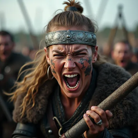 A powerful and vividly realistic portrait of a fierce female Viking warrior, mid-battle cry, her face contorted with raw emotion and determination as she fearlessly leads her comrades into battle. The intensity in her eyes and the intricate details of her ...