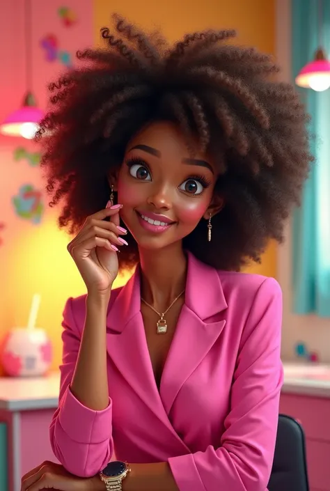  Female brunette,  Afro long hair, manicurista nails , Pixar ,  pink clothes  