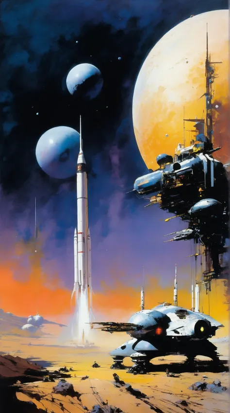 John Harris Style - Moon walk John Berkey huge space ships in the distance