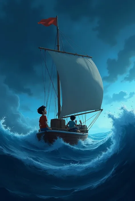 A 3D animated image of a violent sea storm with huge waves and a boat with one curious and protective boy at the front of the boat and another young scared boy at the tail of the boat sailing at night. 