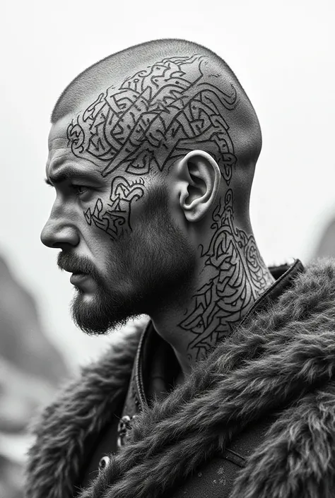 Detailed Nordic tribal tattoo on the head, runes and symbols