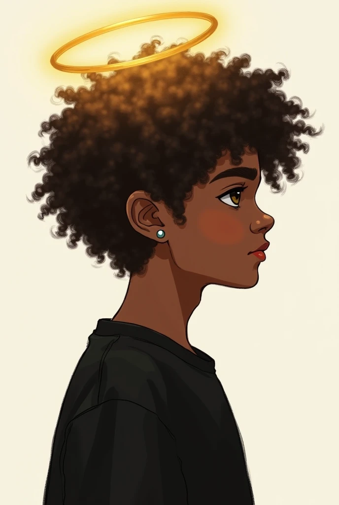  give me an image in a more serious drawing style of a brown boy,  with curly hair , with simple and small earrings , black shirt,  practically in a position on the back showing some of the eyes , and with an angel's aurela on the head  