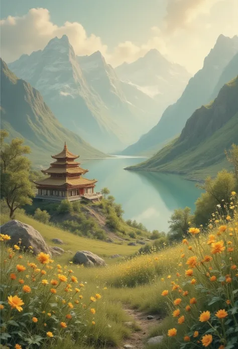 a beautiful landscape illustration of Qinghai, China, featuring the Thar Temple, Menyuan Canola Flower fields, Qinghai Lake, and the majestic Kunlun Mountain in the background, (best quality,4k,highres,masterpiece:1.2),ultra-detailed,(realistic,photorealis...