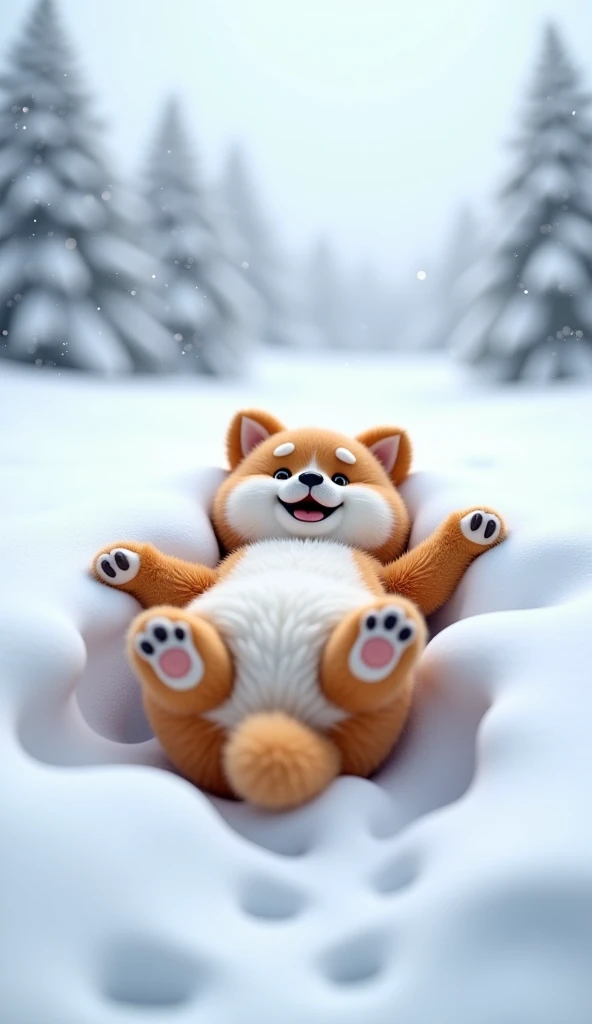 Hyper-realistic, a dog lying on its back in the snow, playfully exposing its belly. The dog's fur is ultra-detailed, with soft, fluffy textures, and its expression is joyful and carefree. The snow around the dog is fresh and pristine, with tiny paw prints ...